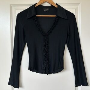 Zack Ruffled Crop Top Women’s sz S/M Stretchy Fitted V-Neck Long Sleeve Buttons